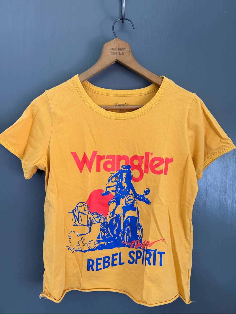 Wrangler 'Rebel Spirit' Graphic Tee - Mustard Yellow with a Bold Red& Blue Print